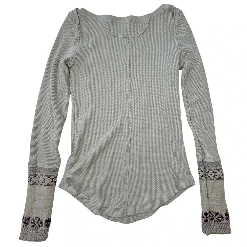 Free People Rosey Thermal Top Light Blue Waffle Knit‎ Embroidered Cuff Size Med
